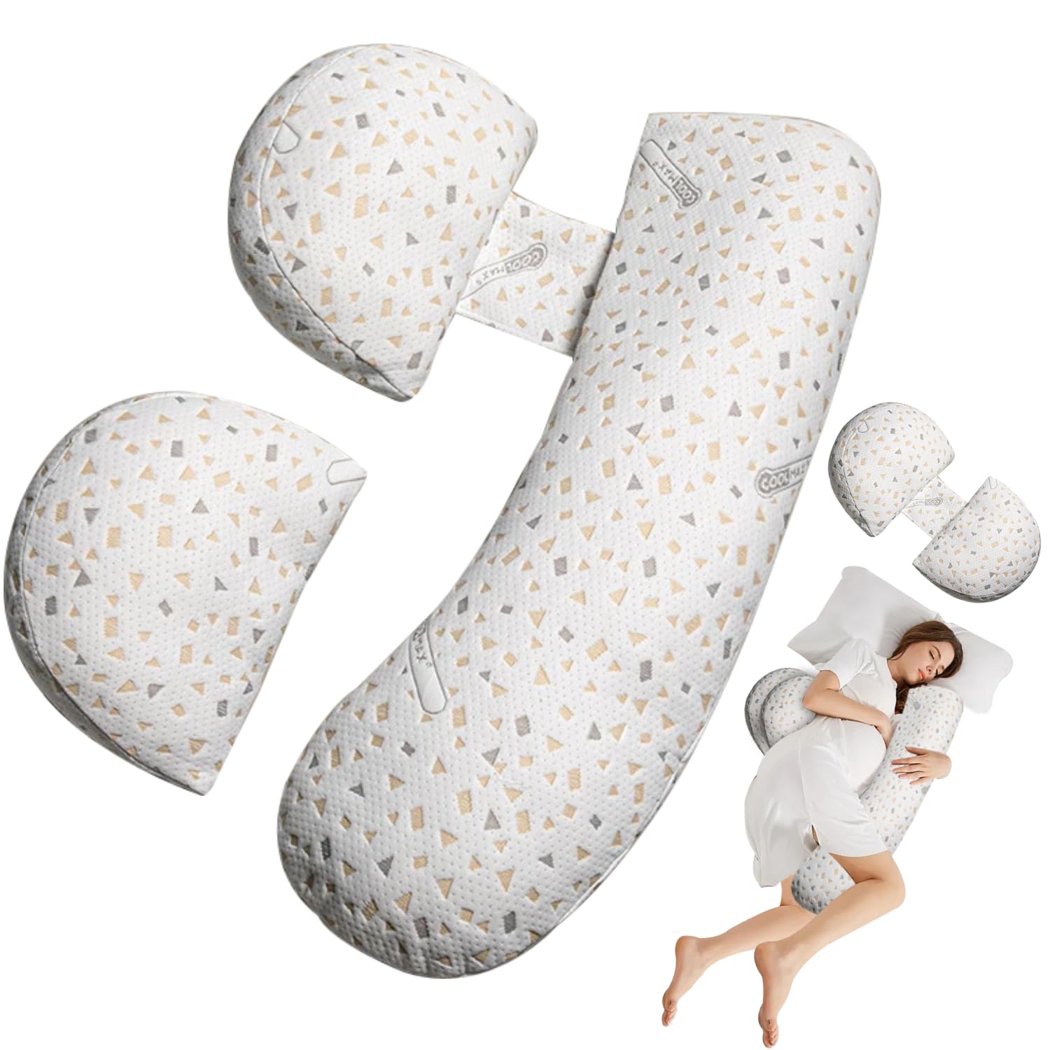 Oskeray front view of full-body maternity pillow showing ergonomic shape and support
