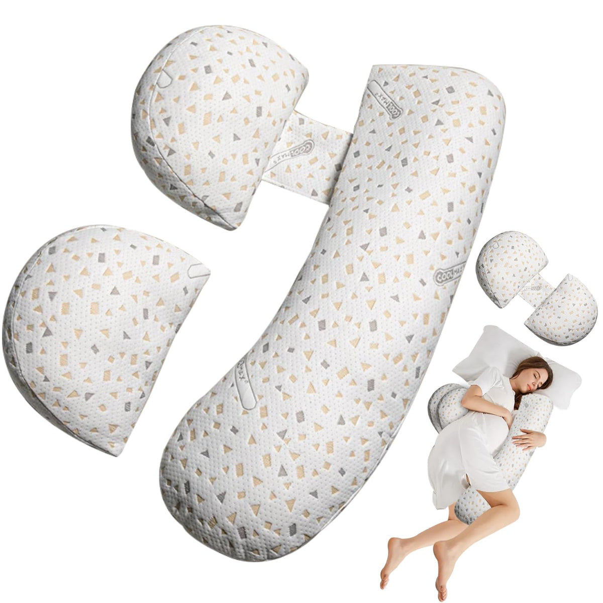 Oskeray front view of full-body maternity pillow showing ergonomic shape and support