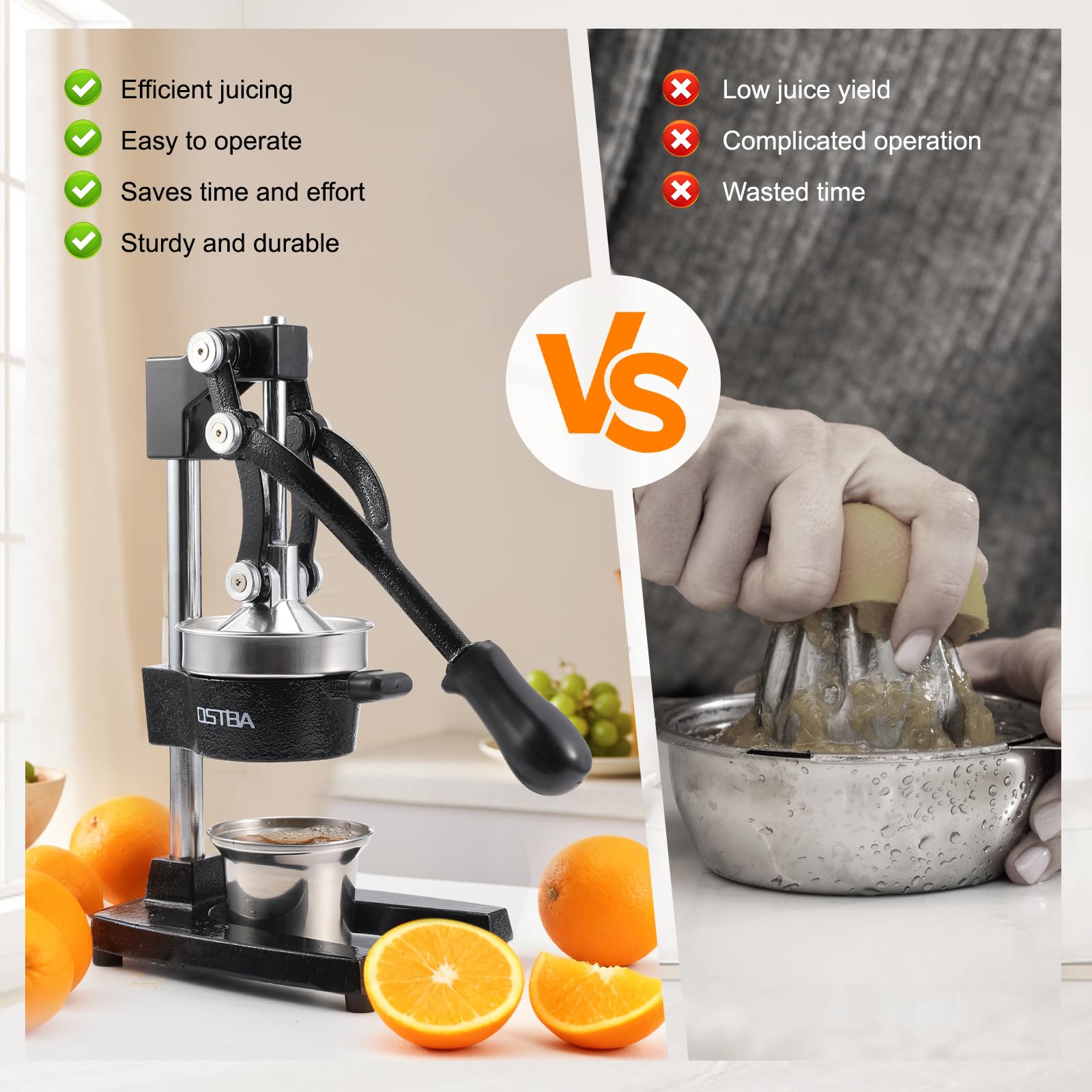 OSTBA juicer in use pressing an orange for fresh juice efficiency