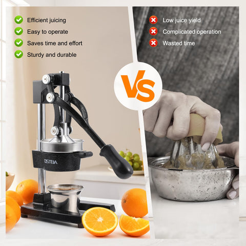 OSTBA juicer in use pressing an orange for fresh juice efficiency