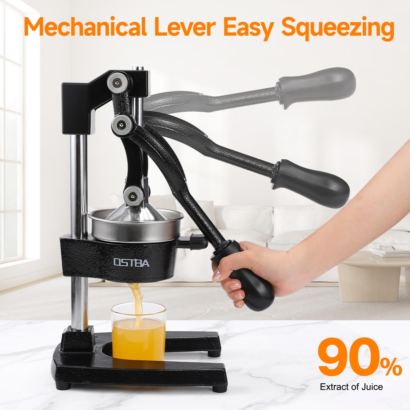 OSTBA juicer next to oranges indicating capacity and size scale
