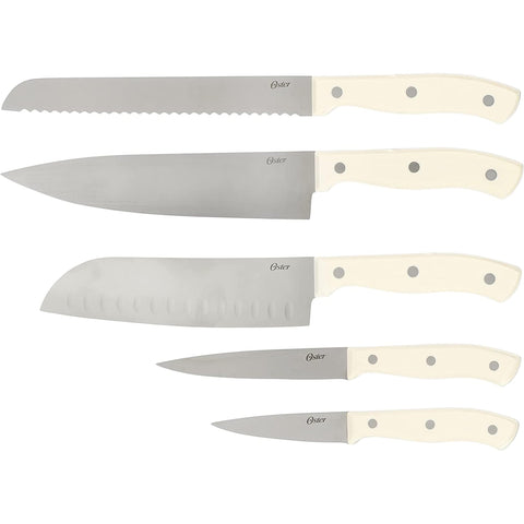 Oster close-up of chef knife blade highlighting stainless steel sharpness and precision