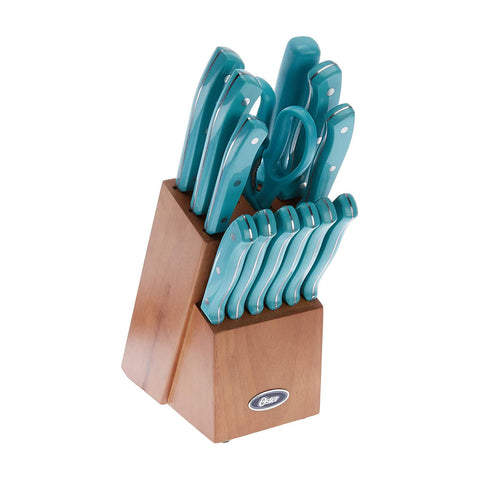 Oster front packaging display showing full 14-piece set and benefits