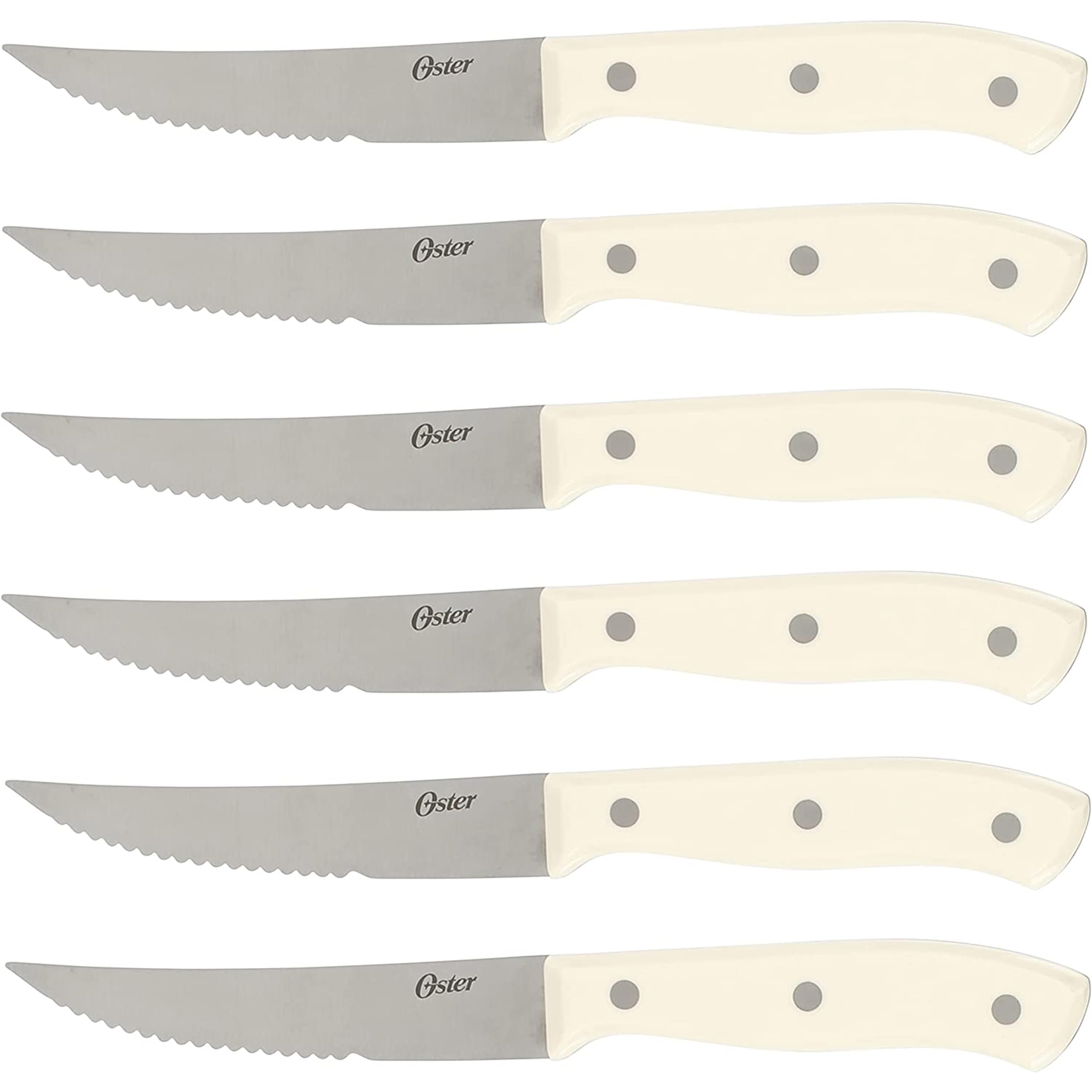 Oster linen white handle detail showing triple-riveted grip for comfortable control