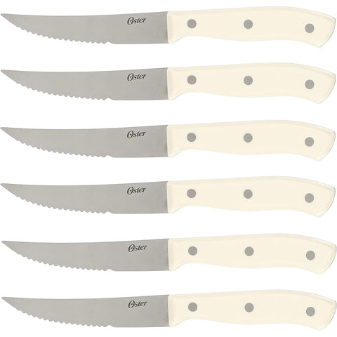Oster linen white handle detail showing triple-riveted grip for comfortable control