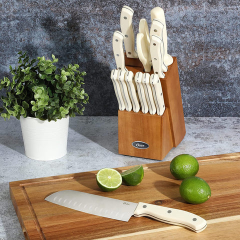 Oster rubber wood block side profile demonstrating sturdy countertop storage and organization