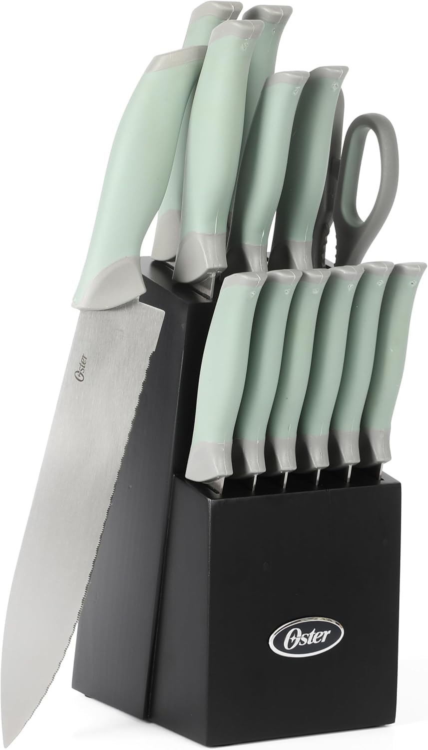 Oster front view of knife block showing full 14-piece set and organized storage benefit
