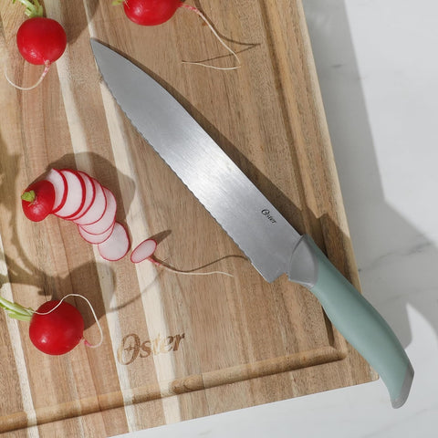Oster handle detail in sage green showing soft-touch grip for comfortable control
