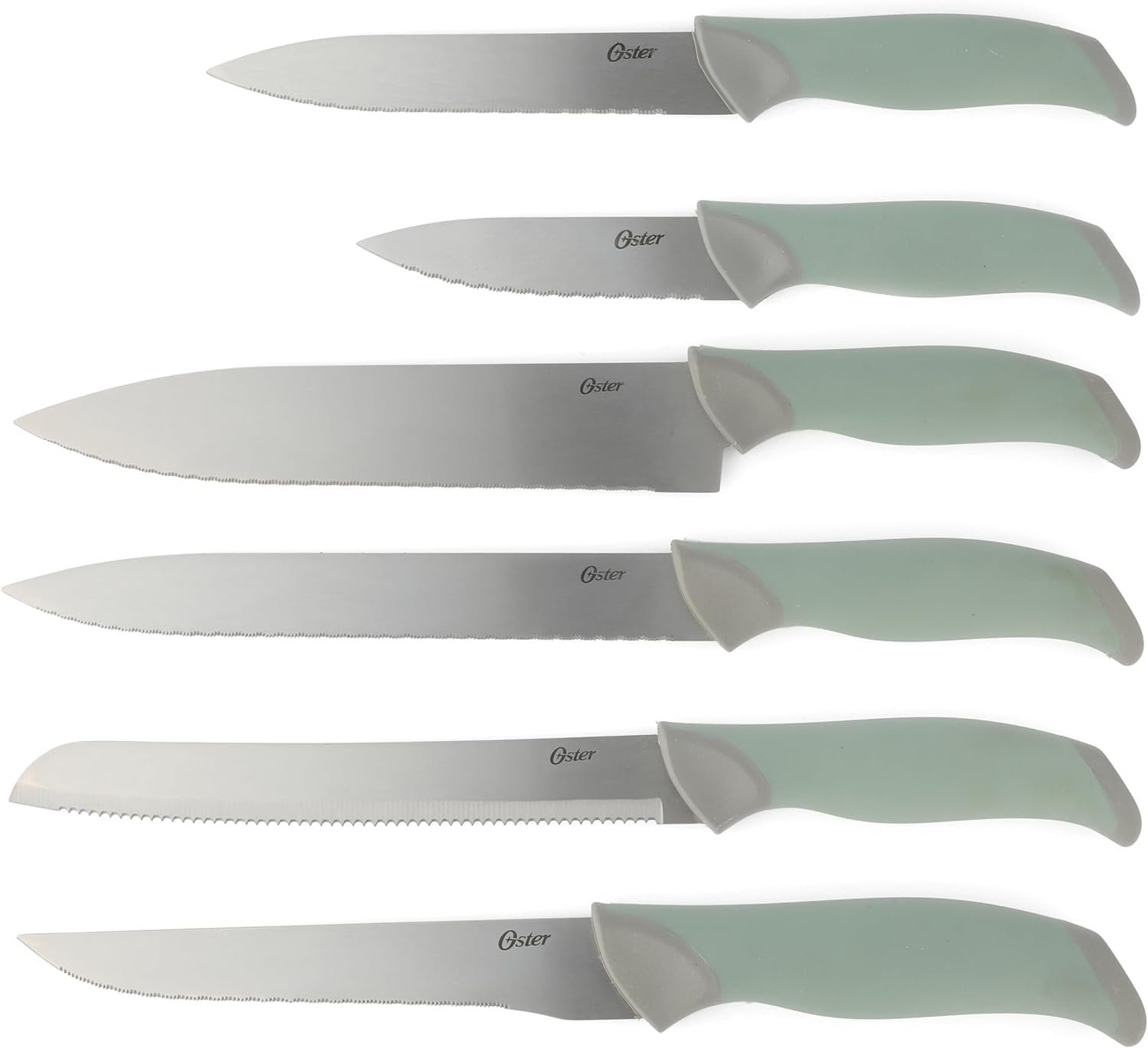 Oster steak knives arranged on table illustrating clean table service and slicing ease