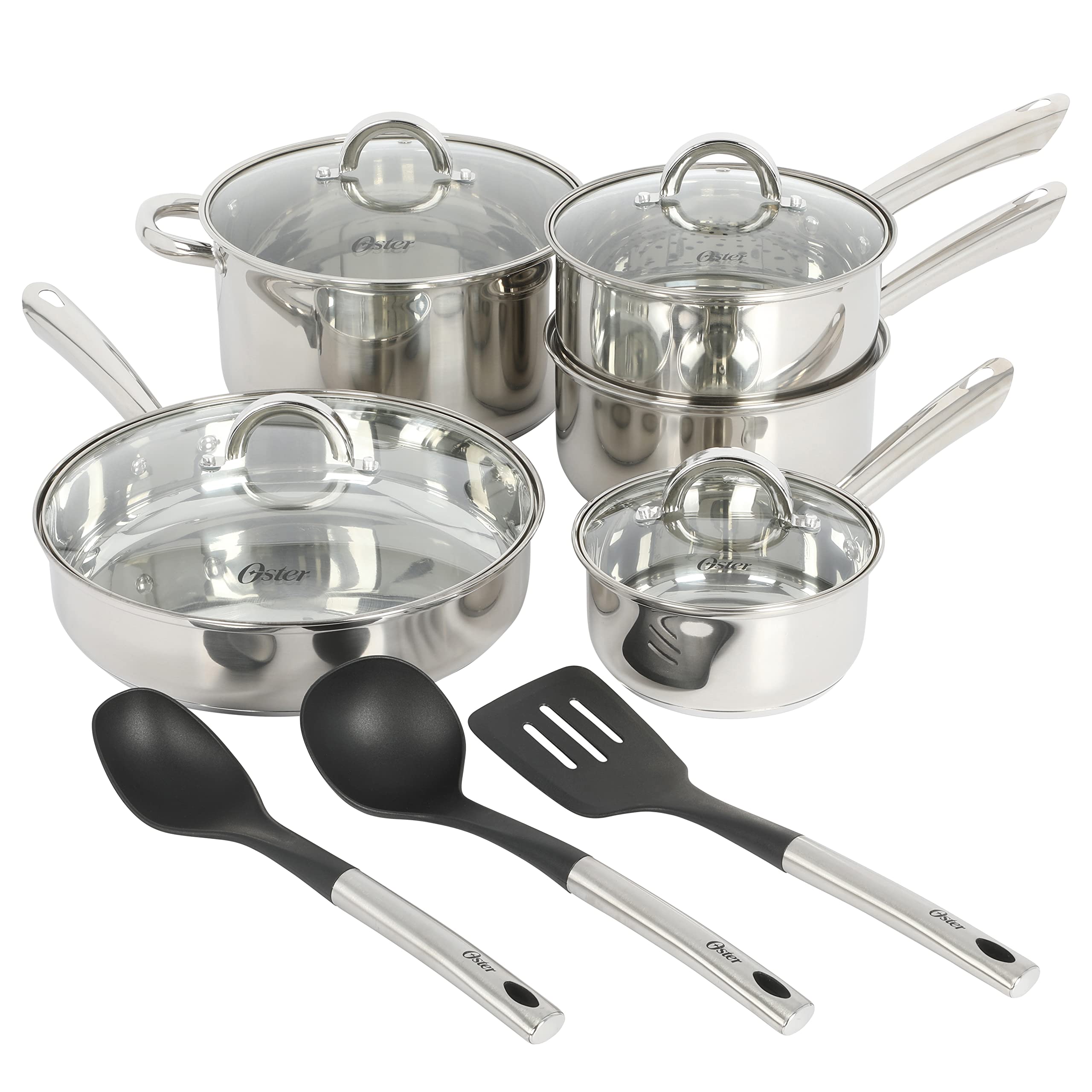 Oster Sangerfield front view showing entire cookware set and polished finish benefits