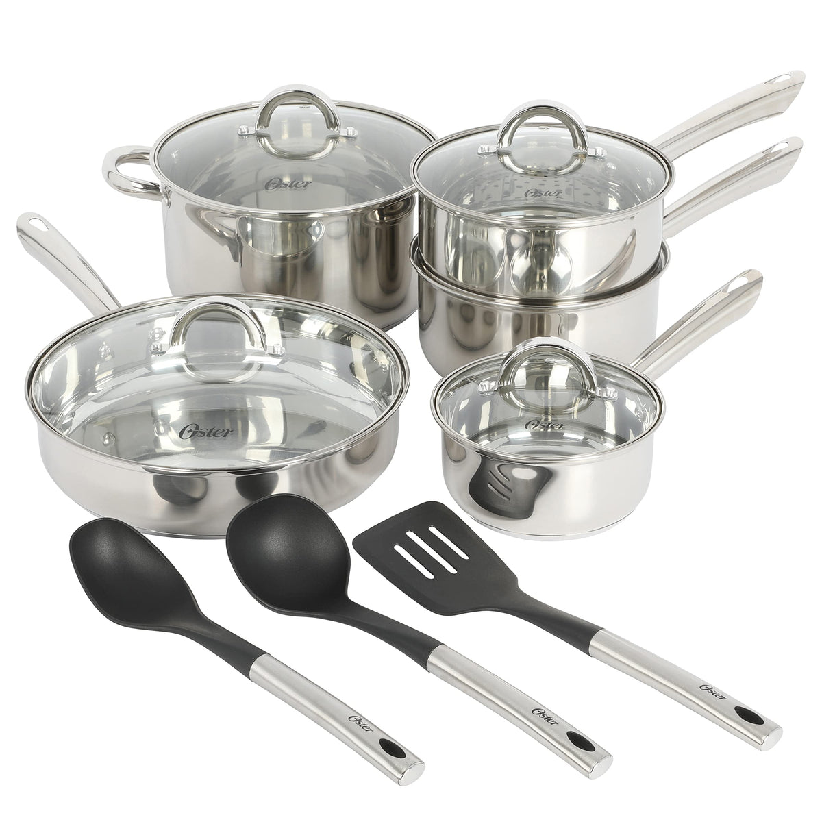 Oster Sangerfield front view showing entire cookware set and polished finish benefits