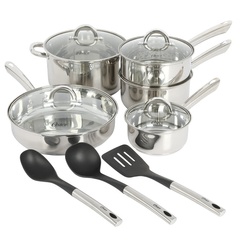 Oster Sangerfield front view showing entire cookware set and polished finish benefits