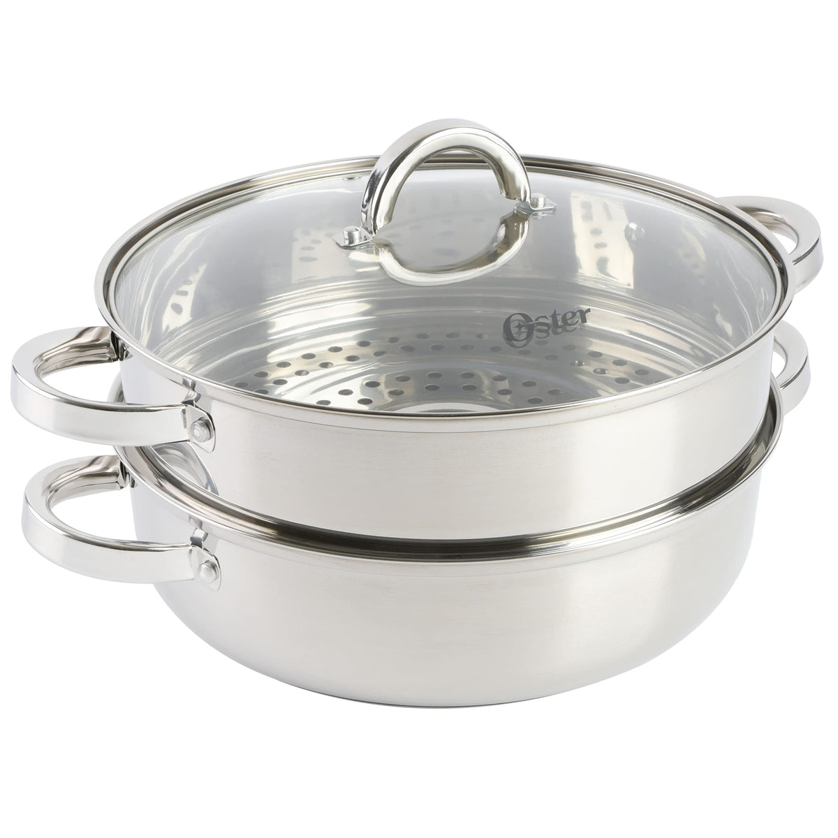 Oster Sangerfield front view showing pan, steamer and lid for versatile cooking