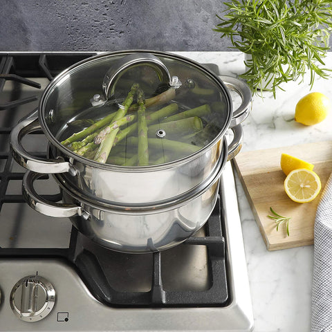 Oster Sangerfield steaming vegetables in basket demonstrating healthy, quick meal preparation