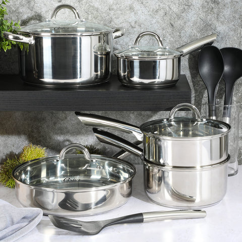 Oster Sangerfield tempered-glass lids and riveted handles showing secure grip benefit