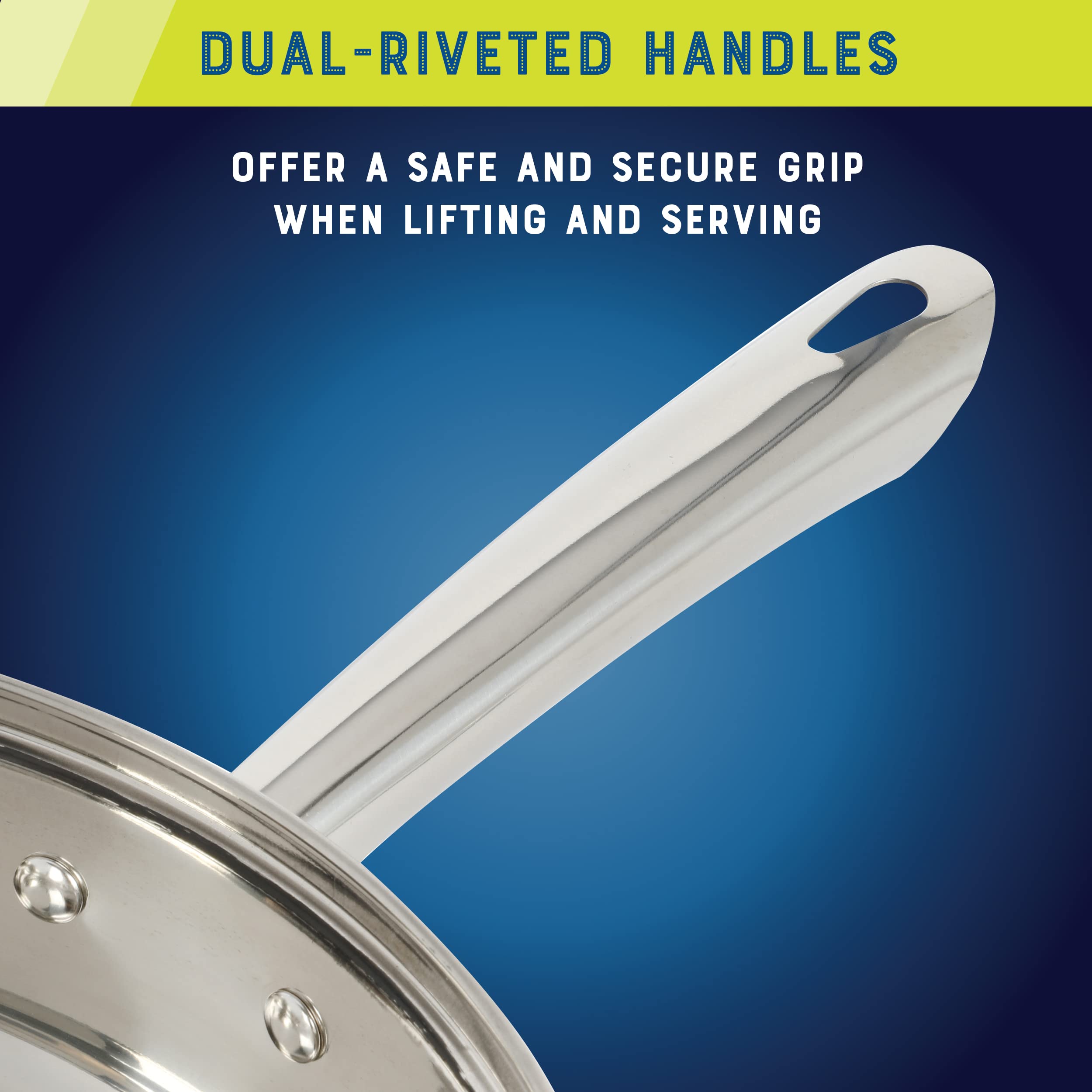 Oster Sangerfield pan held by hand for size comparison showing scale and ergonomics benefit