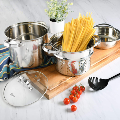Oster Sangerfield strainer insert shown lifting to drain pasta without splashes
