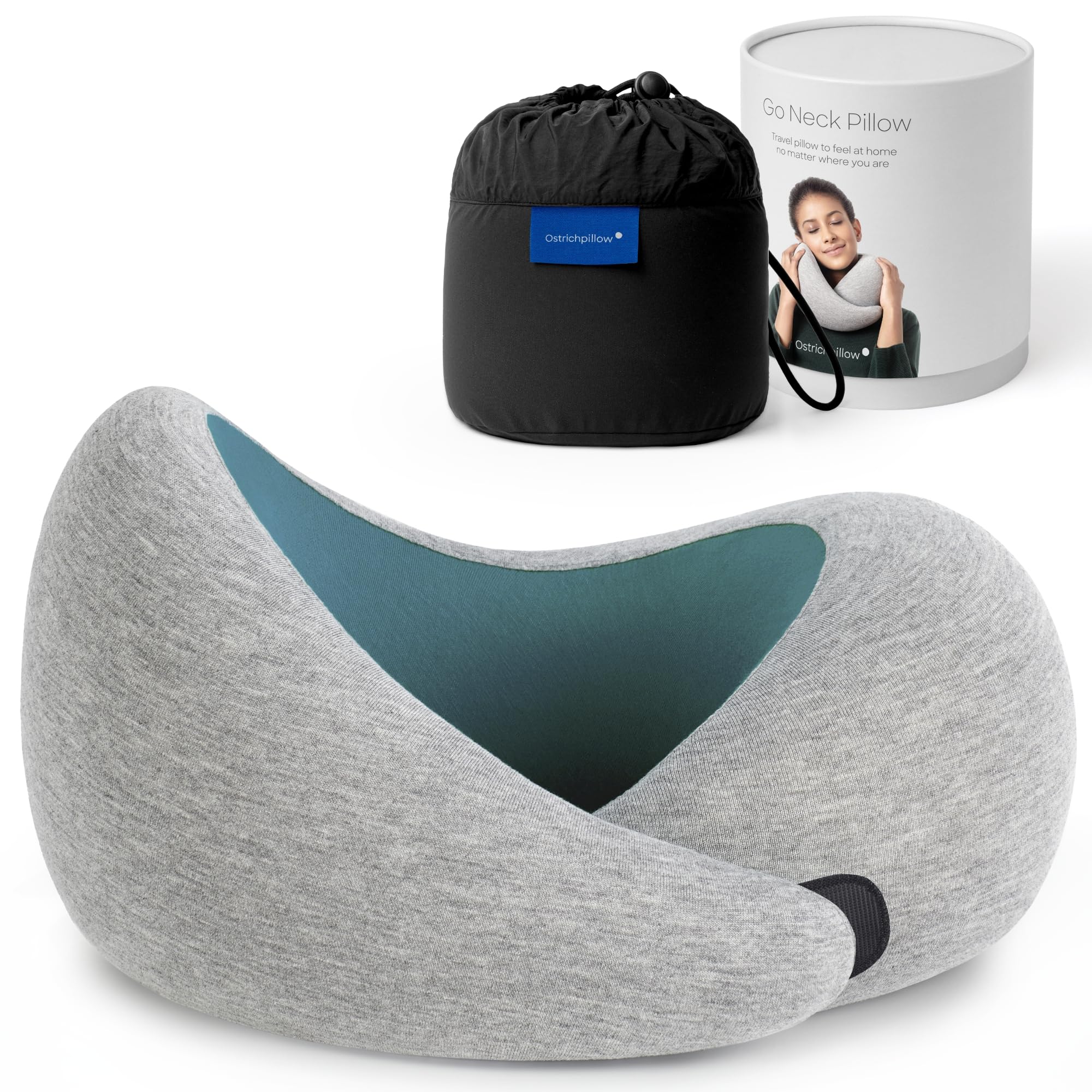Ostrichpillow showing front view and snug chin support for better rest