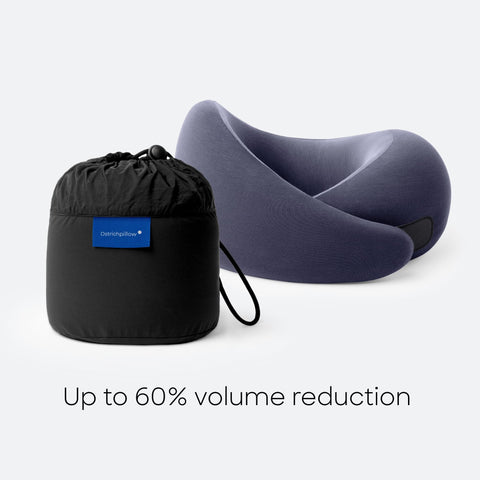 Ostrichpillow GO worn on airplane seat showing stabilized neck comfort benefit