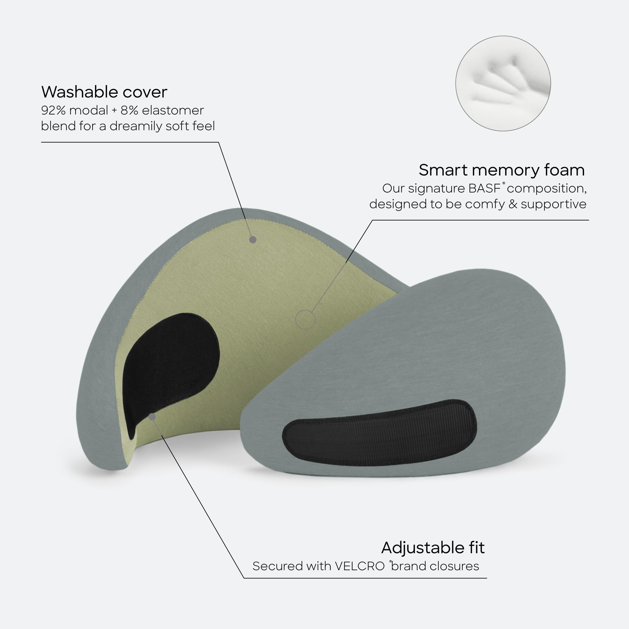 Ostrichpillow GO velcro closure detail offering adjustable secure fit