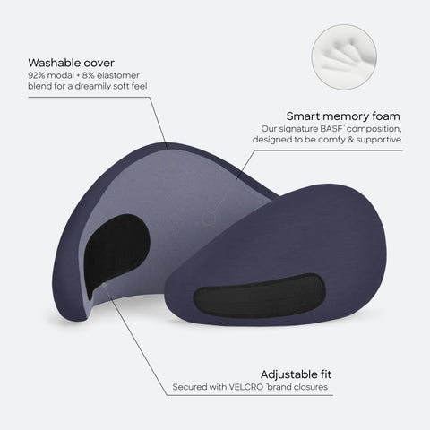 Ostrichpillow GO velcro closure detail showing adjustable fit benefit