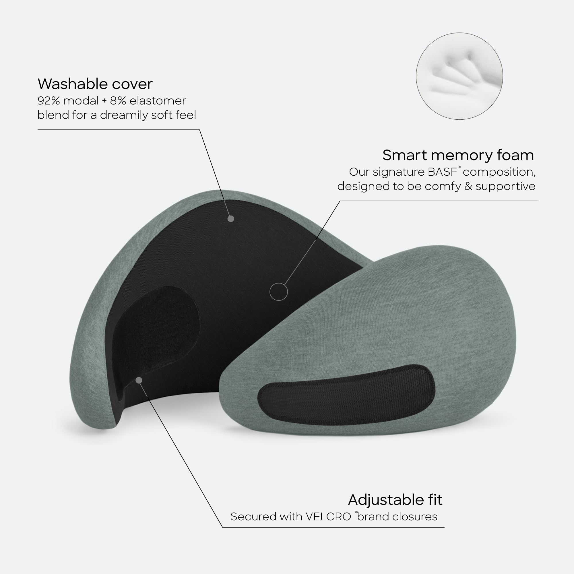 OstrichPillow GO Velcro detail highlighting adjustable secure chin hold