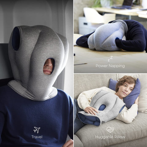 OSTRICH PILLOW label and care tag highlighting easy maintenance benefit