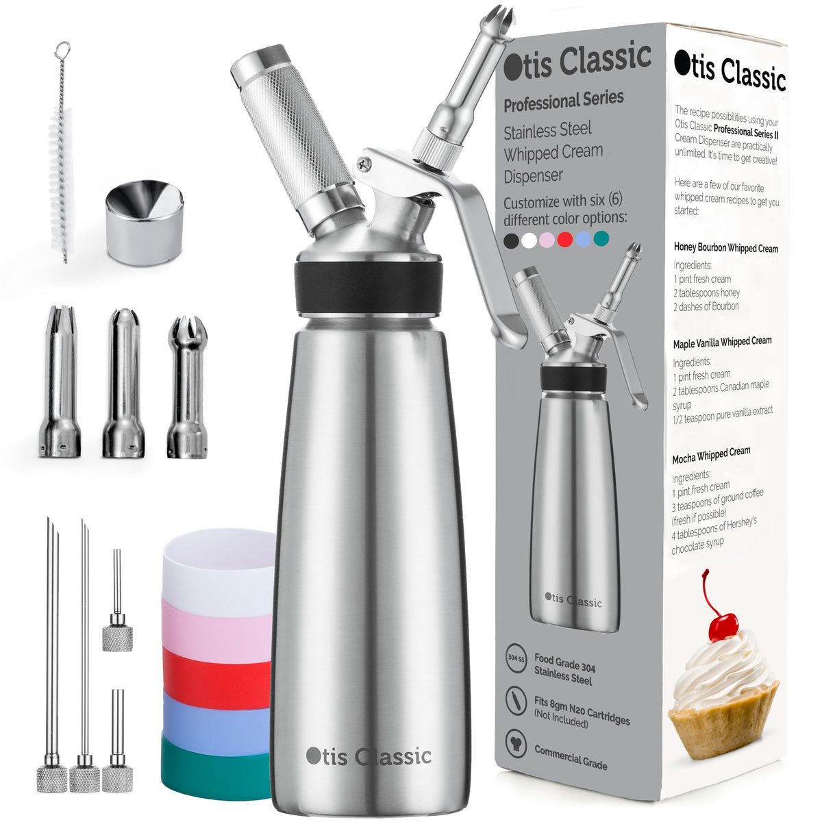 Otis Classic front view showing stainless steel canister and cap for professional presentation