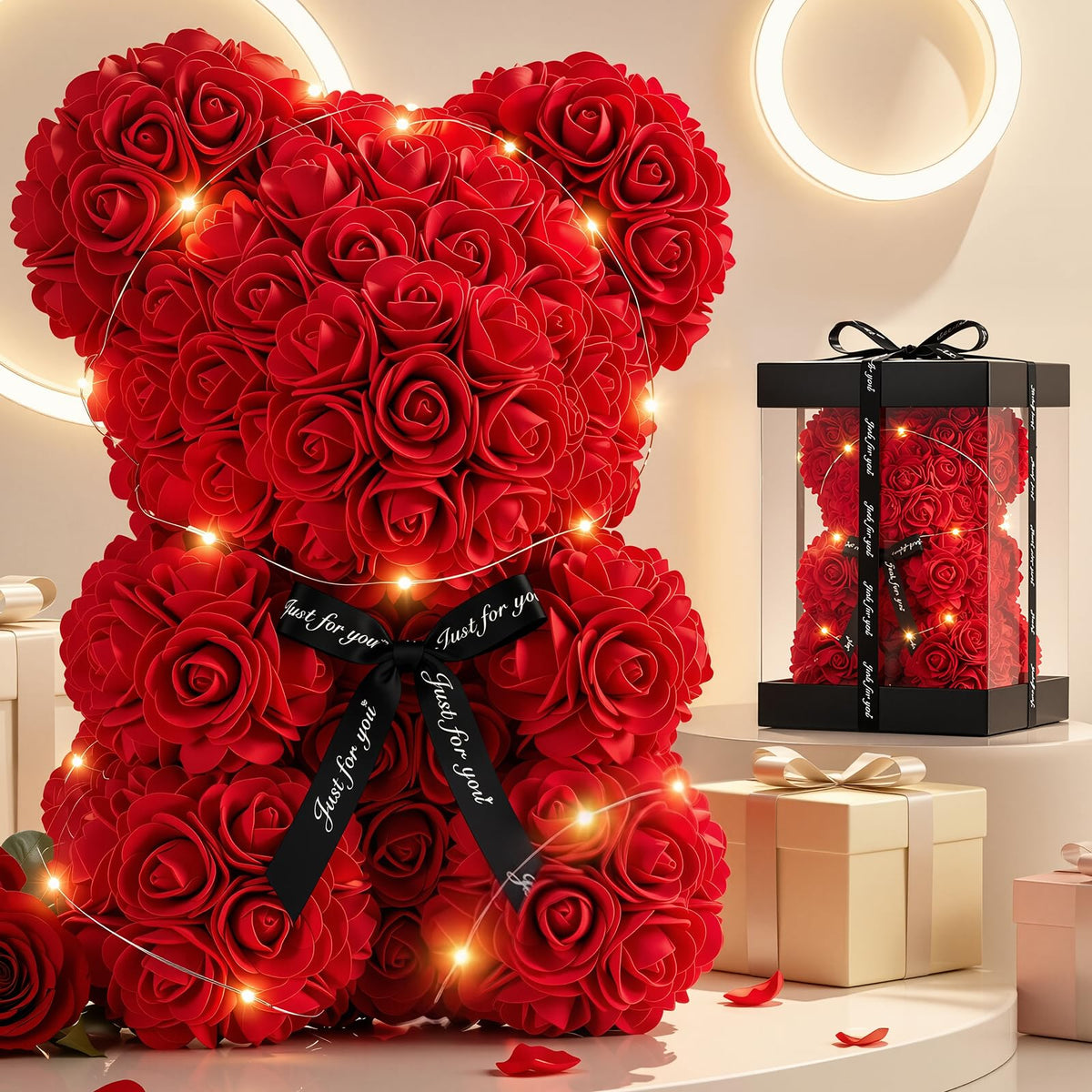Otlonpe rose bear front in clear box showing elegant presentation and gift-ready look