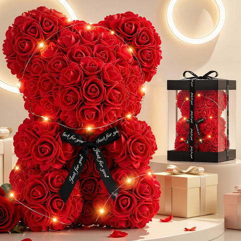 Otlonpe rose bear front in clear box showing elegant presentation and gift-ready look