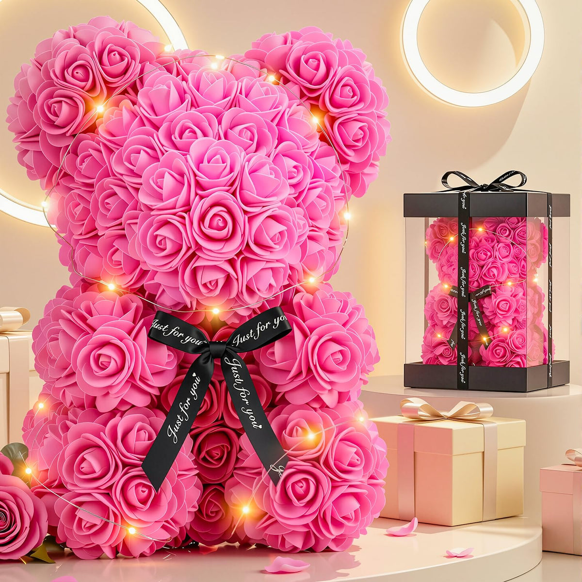 Otlonpe rose bear front in box showing elegant presentation and gift appeal