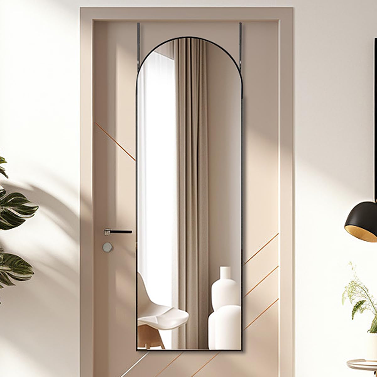 Otlsh arch mirror front view showing full-length reflection and sleek black frame benefit