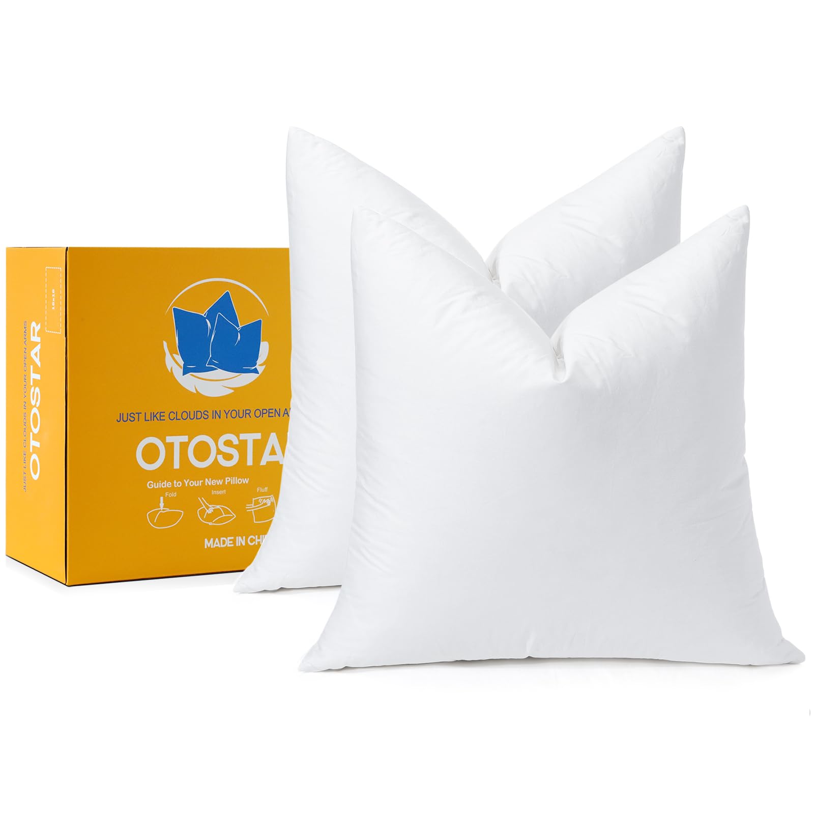 OTOSTAR front packaging showing two 20x20 pillow inserts and box benefiting storage