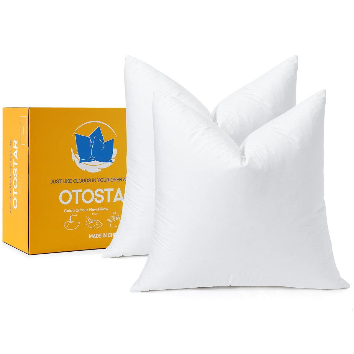 OTOSTAR front packaging showing two 20x20 pillow inserts and box benefiting storage