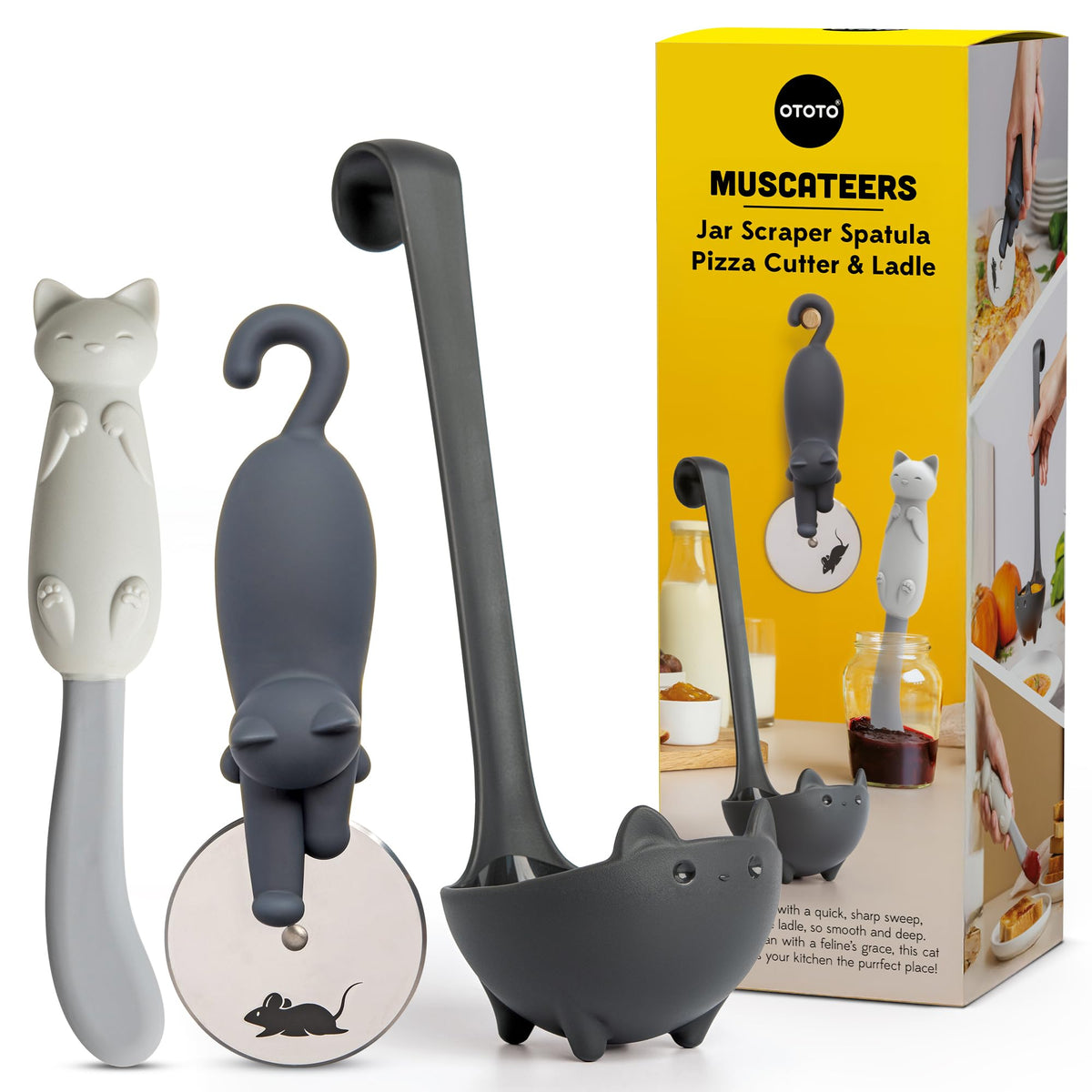 OTOTO Mary Cat jar scraper front view shows flexible tail for full jar scraping