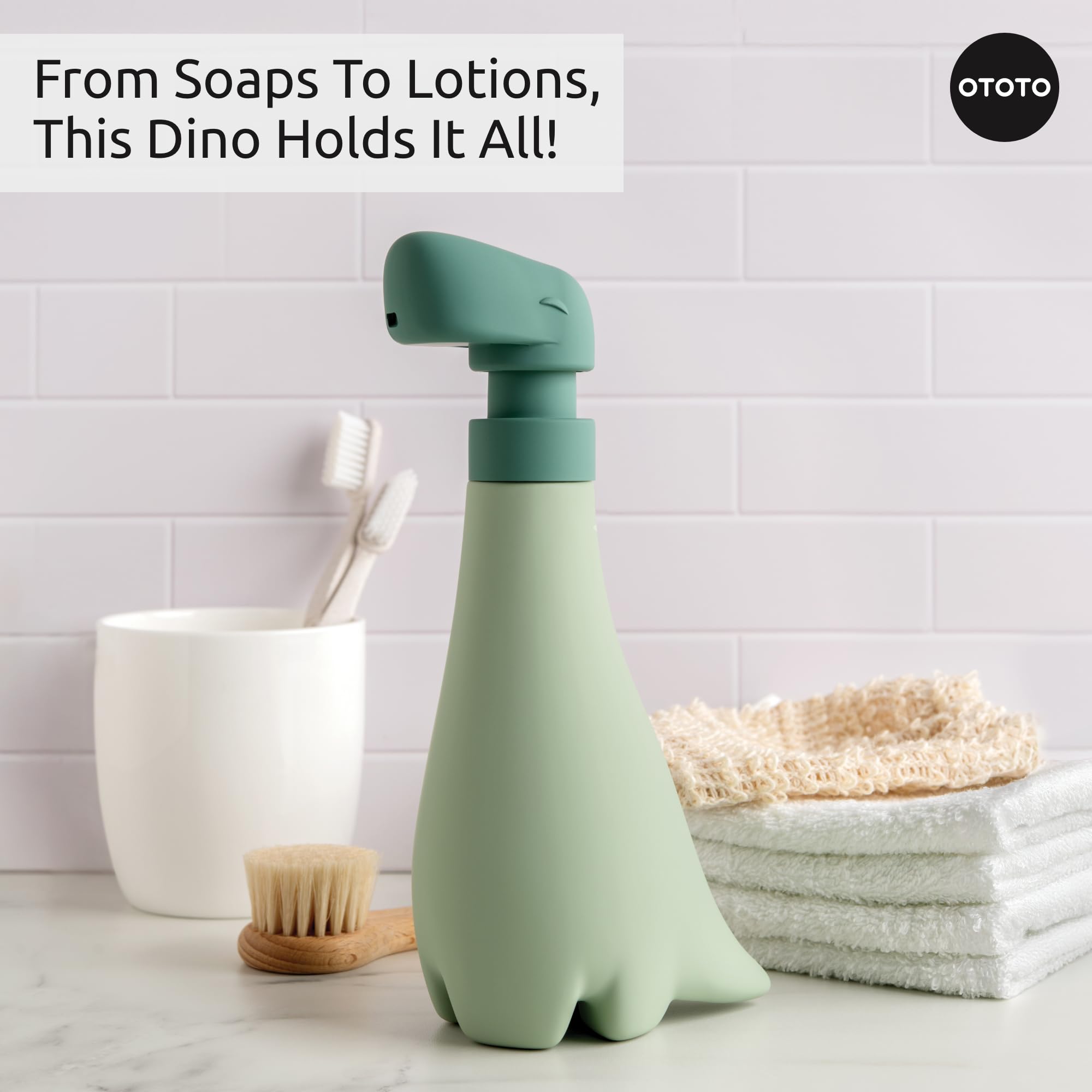 OTOTO Soapasaurous beside bathroom sink encouraging fun handwashing routines