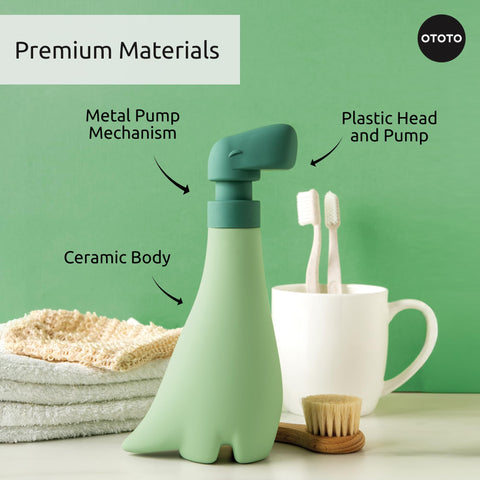 OTOTO Soapasaurous next to a measuring cup demonstrating its 9oz capacity