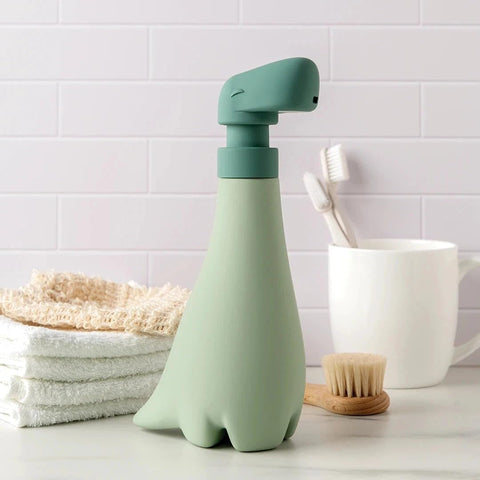 OTOTO Soapasaurous head close-up illustrating twist-off refill and easy access