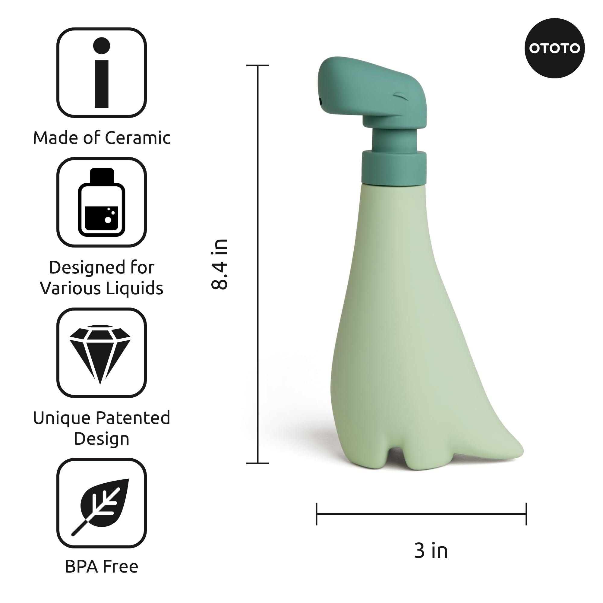 OTOTO Soapasaurous pump detail showing metal-plastic mechanism for reliable dosing