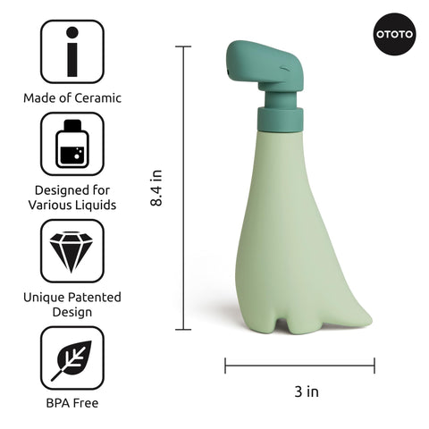 OTOTO Soapasaurous pump detail showing metal-plastic mechanism for reliable dosing