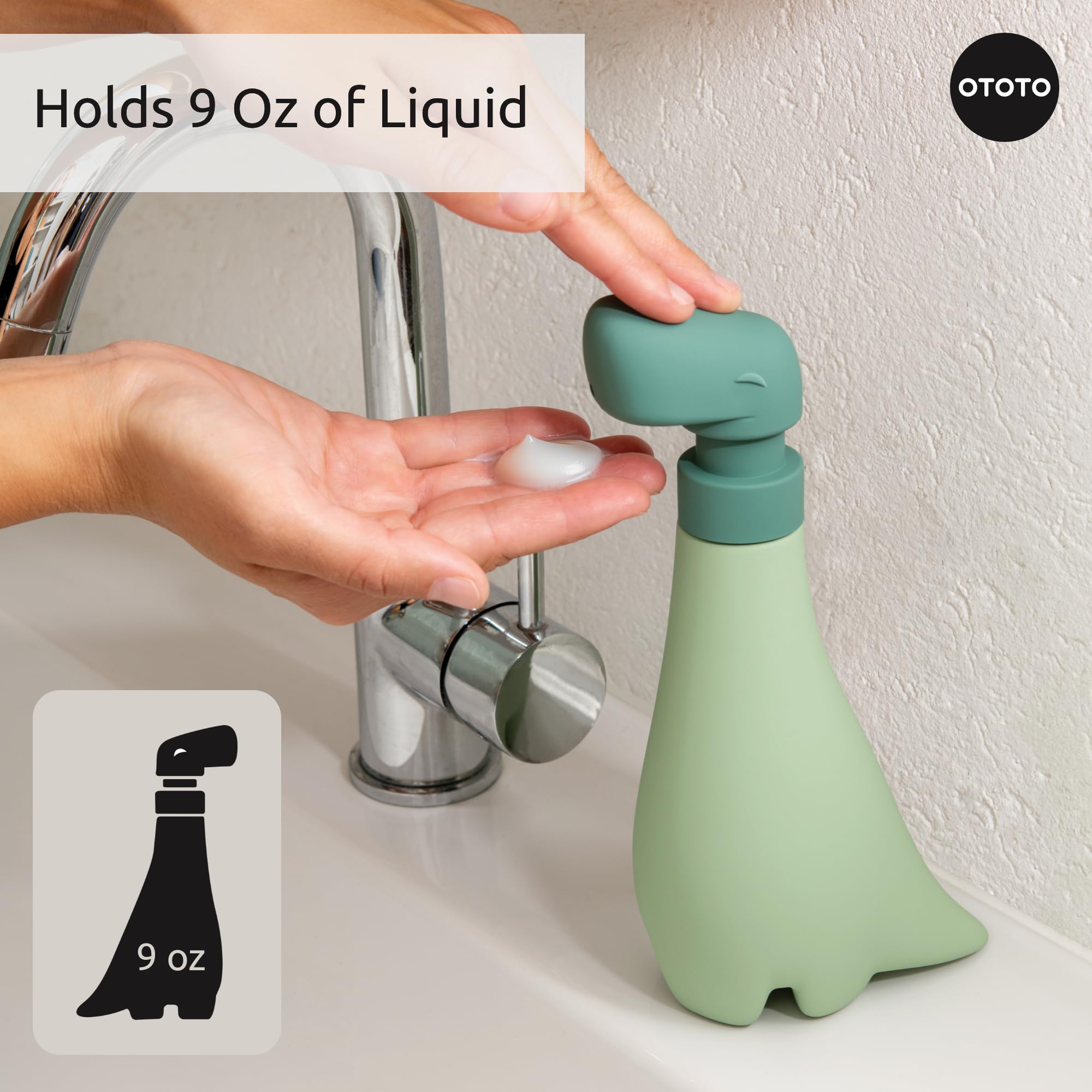 OTOTO Soapasaurous being refilled to demonstrate simple twist-off refill benefit