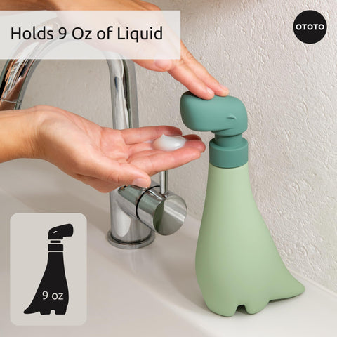 OTOTO Soapasaurous being refilled to demonstrate simple twist-off refill benefit