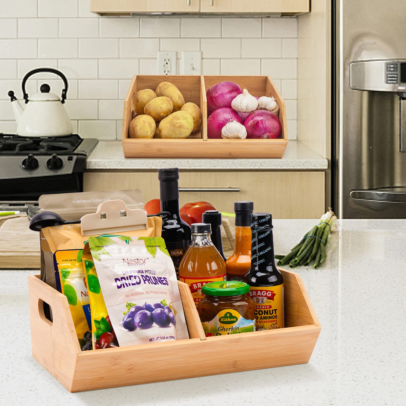 otovioia bins styled on kitchen counter demonstrating attractive, functional storage