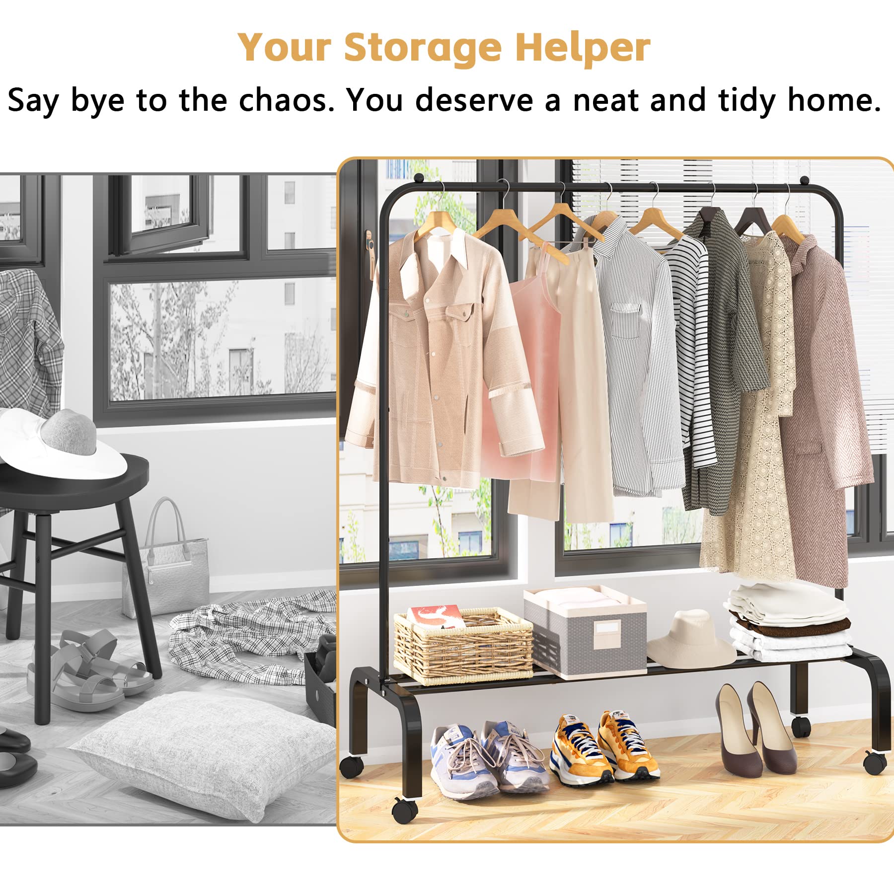 OTROUWORHT garment rack in a bedroom showing organized clothes and convenience