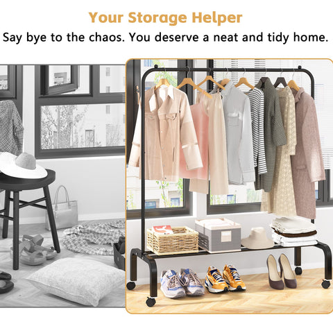 OTROUWORHT garment rack in a bedroom showing organized clothes and convenience