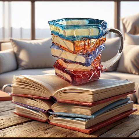 OTTNSA hand holding painted book mug demonstrating easy grip while reading