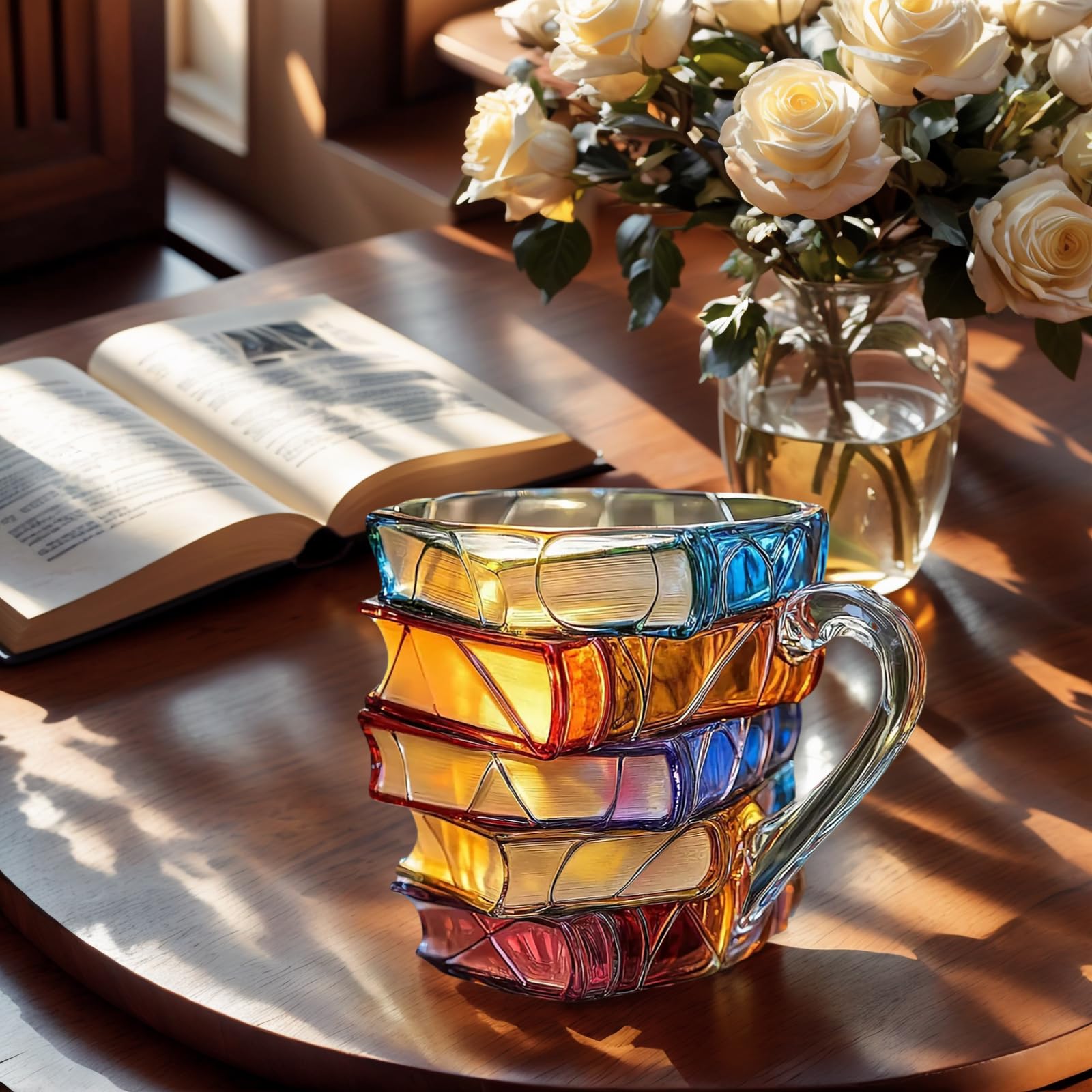OTTNSA front view of book stack mug showing colorful painted spines benefit decor