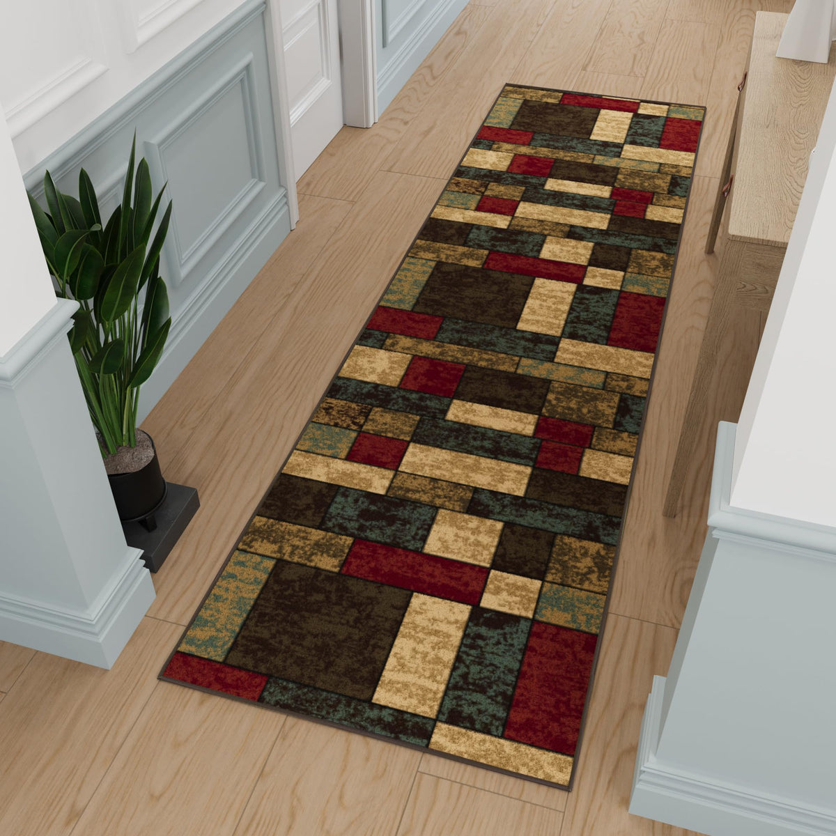 Ottomanson runner front view showing checkered pattern and stylish entryway benefit