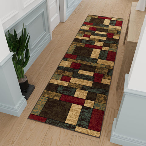 Ottomanson runner front view showing checkered pattern and stylish entryway benefit