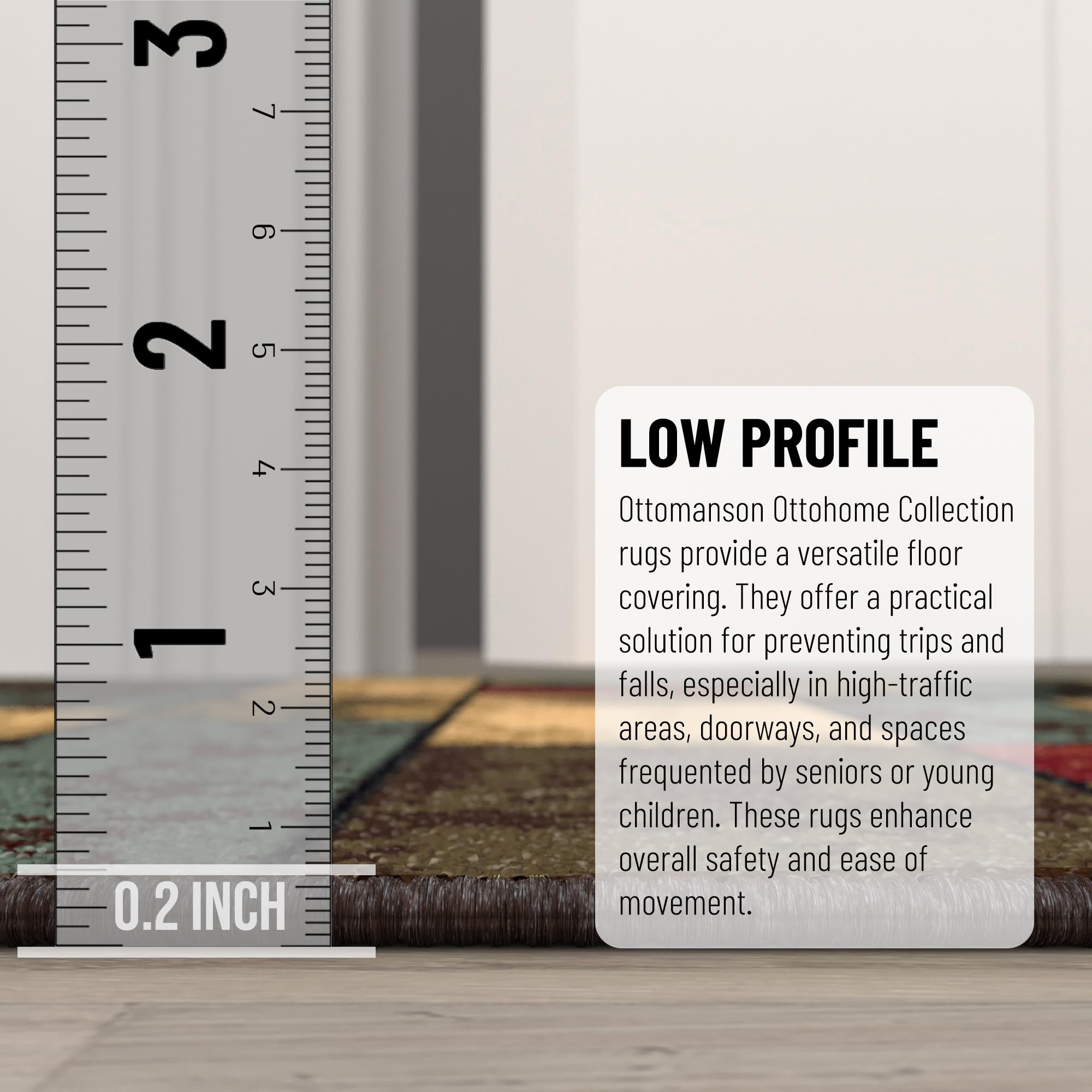 Ottomanson runner under-door clearance showing slim 0.2-inch profile benefit